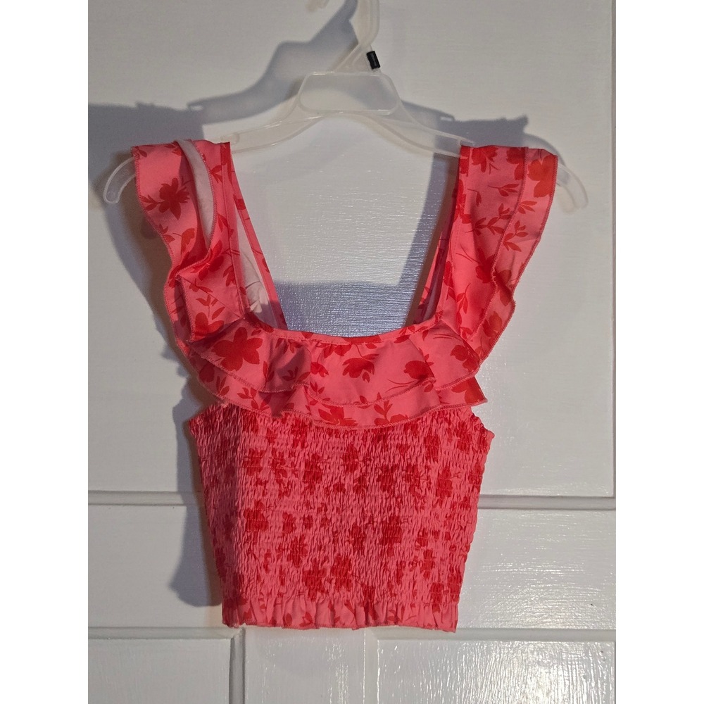 SHEIN Pink Red Floral Smocked Ruffle Crop Top Womens Medium Square Neck Strappy